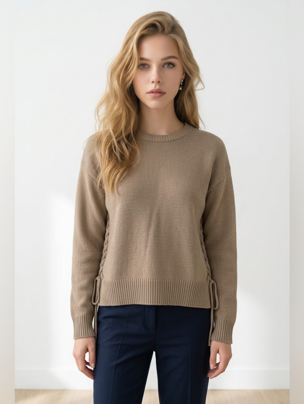 VINCE Crewneck Side-Tie Cashmere Sweater in Taupe